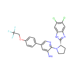 Nc1cc(-c2ccc(OCC(F)(F)F)cc2)cnc1N1CCC[C@H]1c1nc2cc(Cl)c(Cl)cc2[nH]1 ZINC000082157077