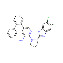 Nc1cc(-c2ccccc2-c2ccccc2)cnc1N1CCC[C@H]1c1nc2cc(Cl)c(Cl)cc2[nH]1 ZINC000082152187