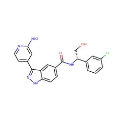 Nc1cc(-c2n[nH]c3ccc(C(=O)N[C@H](CO)c4cccc(Cl)c4)cc23)ccn1 ZINC000653850138