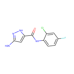 Nc1cc(C(=O)Nc2ccc(F)cc2Cl)[nH]n1 ZINC000080635212