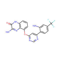 Nc1cc(C(F)(F)F)ccc1-c1cc(Oc2cccc3[nH]c(=O)c(N)nc23)ncn1 ZINC000040876683