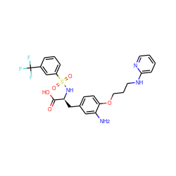 Nc1cc(C[C@H](NS(=O)(=O)c2cccc(C(F)(F)F)c2)C(=O)O)ccc1OCCCNc1ccccn1 ZINC000049694449