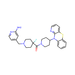 Nc1cc(CN2CCC(F)(C(=O)N3CCC(N4c5ccccc5Sc5cccnc54)CC3)CC2)ccn1 ZINC000096285182