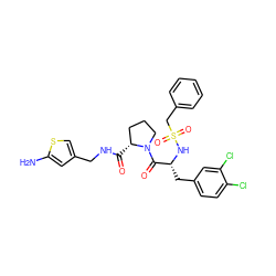 Nc1cc(CNC(=O)[C@@H]2CCCN2C(=O)[C@@H](Cc2ccc(Cl)c(Cl)c2)NS(=O)(=O)Cc2ccccc2)cs1 ZINC000100798748