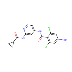 Nc1cc(Cl)c(C(=O)Nc2ccnc(NC(=O)C3CC3)c2)c(Cl)c1 ZINC000096929469