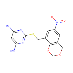 Nc1cc(N)nc(SCc2cc([N+](=O)[O-])cc3c2OCOC3)n1 ZINC000003440551