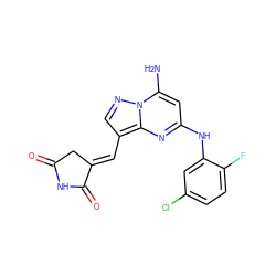 Nc1cc(Nc2cc(Cl)ccc2F)nc2c(/C=C3\CC(=O)NC3=O)cnn12 ZINC000145927845