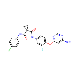 Nc1cc(Oc2ccc(NC(=O)C3(C(=O)Nc4ccc(Cl)cc4)CC3)cc2F)ncn1 ZINC001772620356