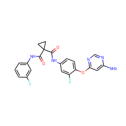 Nc1cc(Oc2ccc(NC(=O)C3(C(=O)Nc4cccc(F)c4)CC3)cc2F)ncn1 ZINC001772606596