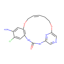 Nc1cc2c(cc1Cl)NC(=O)Nc1cncc(n1)OCC/C=C/CO2 ZINC000043120008