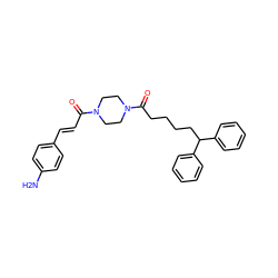 Nc1ccc(/C=C/C(=O)N2CCN(C(=O)CCCCC(c3ccccc3)c3ccccc3)CC2)cc1 ZINC000049050372