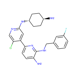 Nc1ccc(-c2cc(N[C@H]3CC[C@H](N)CC3)ncc2Cl)nc1NCc1cccc(F)c1 ZINC000261183183