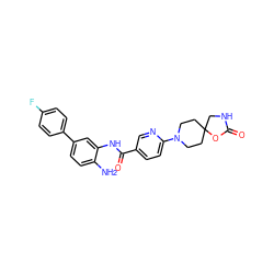 Nc1ccc(-c2ccc(F)cc2)cc1NC(=O)c1ccc(N2CCC3(CC2)CNC(=O)O3)nc1 ZINC000169352287