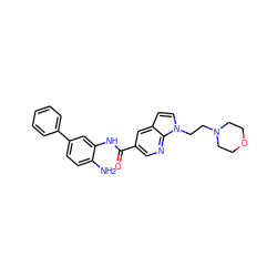 Nc1ccc(-c2ccccc2)cc1NC(=O)c1cnc2c(ccn2CCN2CCOCC2)c1 ZINC000148224986