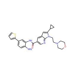 Nc1ccc(-c2cccs2)cc1NC(=O)c1cnc2c(c1)cc(C1CC1)n2CCN1CCOCC1 ZINC001772629872