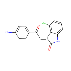 Nc1ccc(C(=O)/C=C2/C(=O)Nc3cccc(Cl)c32)cc1 ZINC000101412701