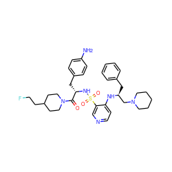 Nc1ccc(C[C@H](NS(=O)(=O)c2cnccc2N[C@@H](Cc2ccccc2)CN2CCCCC2)C(=O)N2CCC(CCF)CC2)cc1 ZINC000027110246