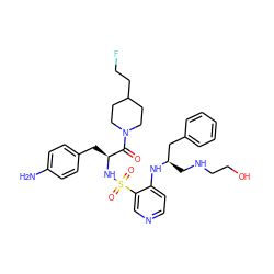 Nc1ccc(C[C@H](NS(=O)(=O)c2cnccc2N[C@H](CNCCO)Cc2ccccc2)C(=O)N2CCC(CCF)CC2)cc1 ZINC000027185677