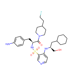 Nc1ccc(C[C@H](NS(=O)(=O)c2cnccc2N[C@H](CO)CC2CCCCC2)C(=O)N2CCC(CCF)CC2)cc1 ZINC000027106265