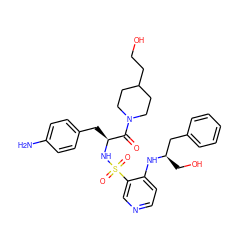 Nc1ccc(C[C@H](NS(=O)(=O)c2cnccc2N[C@H](CO)Cc2ccccc2)C(=O)N2CCC(CCO)CC2)cc1 ZINC000027106080