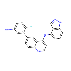 Nc1ccc(F)c(-c2ccc3nccc(Nc4cccc5[nH]ncc45)c3c2)c1 ZINC000143104819