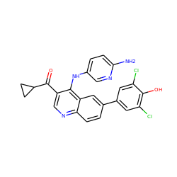 Nc1ccc(Nc2c(C(=O)C3CC3)cnc3ccc(-c4cc(Cl)c(O)c(Cl)c4)cc23)cn1 ZINC000114036044