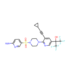 Nc1ccc(S(=O)(=O)N2CCN(c3ncc(C(O)(C(F)(F)F)C(F)(F)F)cc3C#CC3CC3)CC2)cn1 ZINC000299824416