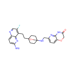 Nc1ccc2ncc(F)c(CCC34CCC(NCc5ccc6c(n5)NC(=O)CO6)(CC3)CO4)c2n1 ZINC000149227175