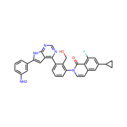 Nc1cccc(-c2cc3c(-c4cccc(-n5ccc6cc(C7CC7)cc(F)c6c5=O)c4CO)ncnc3[nH]2)c1 ZINC000299862398