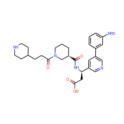 Nc1cccc(-c2cncc([C@@H](CC(=O)O)NC(=O)[C@@H]3CCCN(C(=O)CCC4CCNCC4)C3)c2)c1 ZINC000013803165