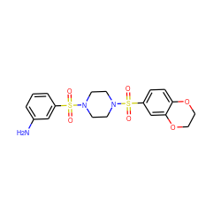 Nc1cccc(S(=O)(=O)N2CCN(S(=O)(=O)c3ccc4c(c3)OCCO4)CC2)c1 ZINC000036382546