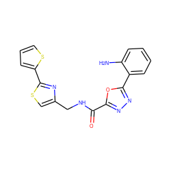 Nc1ccccc1-c1nnc(C(=O)NCc2csc(-c3cccs3)n2)o1 ZINC000043018270