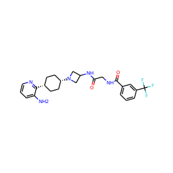 Nc1cccnc1[C@H]1CC[C@@H](N2CC(NC(=O)CNC(=O)c3cccc(C(F)(F)F)c3)C2)CC1 ZINC000144297006