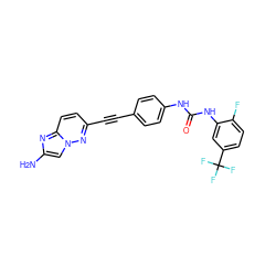 Nc1cn2nc(C#Cc3ccc(NC(=O)Nc4cc(C(F)(F)F)ccc4F)cc3)ccc2n1 ZINC001772631100