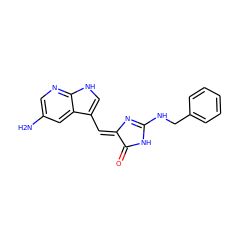 Nc1cnc2[nH]cc(/C=C3\N=C(NCc4ccccc4)NC3=O)c2c1 ZINC000040974480