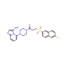 Nc1cnc2cccc(N3CCN(C(=O)CCS(=O)(=O)c4ccc5cc(Cl)ccc5c4)CC3)n12 ZINC000029055794