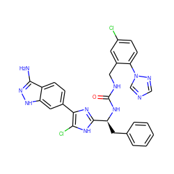 Nc1n[nH]c2cc(-c3nc([C@H](Cc4ccccc4)NC(=O)NCc4cc(Cl)ccc4-n4cncn4)[nH]c3Cl)ccc12 ZINC000115472929