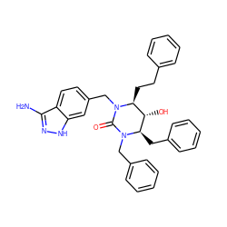 Nc1n[nH]c2cc(CN3C(=O)N(Cc4ccccc4)[C@H](Cc4ccccc4)[C@@H](O)[C@@H]3CCc3ccccc3)ccc12 ZINC000169301281