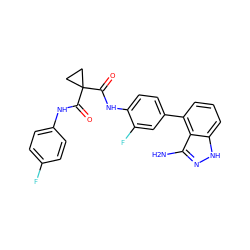 Nc1n[nH]c2cccc(-c3ccc(NC(=O)C4(C(=O)Nc5ccc(F)cc5)CC4)c(F)c3)c12 ZINC000299858521