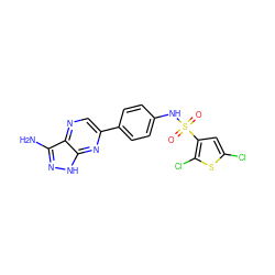 Nc1n[nH]c2nc(-c3ccc(NS(=O)(=O)c4cc(Cl)sc4Cl)cc3)cnc12 ZINC000148849799