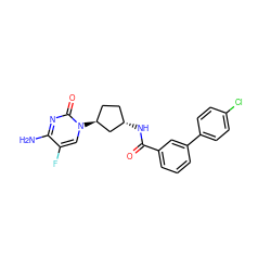 Nc1nc(=O)n([C@H]2CC[C@H](NC(=O)c3cccc(-c4ccc(Cl)cc4)c3)C2)cc1F ZINC000049785527