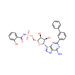 Nc1nc(-c2cccc(-c3ccccc3)c2)nc2c1[nH]c[n+]2[C@@H]1O[C@H](COS(=O)(=O)NC(=O)c2ccccc2O)[C@@H](O)[C@H]1O ZINC000377836298