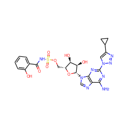 Nc1nc(-n2cc(C3CC3)nn2)nc2c1ncn2[C@@H]1O[C@H](COS(=O)(=O)NC(=O)c2ccccc2O)[C@@H](O)[C@H]1O ZINC000044307150