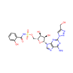 Nc1nc(-n2cc(CO)nn2)nc2c1ncn2[C@@H]1O[C@H](COS(=O)(=O)NC(=O)c2ccccc2O)[C@@H](O)[C@H]1O ZINC000053242954