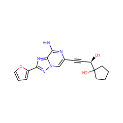 Nc1nc(C#C[C@@H](O)C2(O)CCCC2)cn2nc(-c3ccco3)nc12 ZINC000028336775