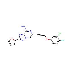 Nc1nc(C#CCOc2ccc(F)c(Cl)c2)cn2nc(-c3ccco3)nc12 ZINC000034525077