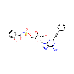 Nc1nc(C#Cc2ccccc2)nc2c1ncn2[C@@H]1O[C@H](COS(=O)(=O)NC(=O)c2ccccc2O)[C@@H](O)[C@H]1O ZINC000044305293