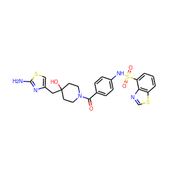 Nc1nc(CC2(O)CCN(C(=O)c3ccc(NS(=O)(=O)c4cccc5scnc45)cc3)CC2)cs1 ZINC000220521468