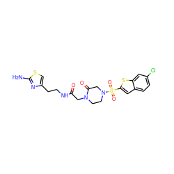 Nc1nc(CCNC(=O)CN2CCN(S(=O)(=O)c3cc4ccc(Cl)cc4s3)CC2=O)cs1 ZINC000029415287