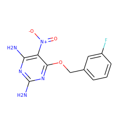 Nc1nc(N)c([N+](=O)[O-])c(OCc2cccc(F)c2)n1 ZINC000013778021